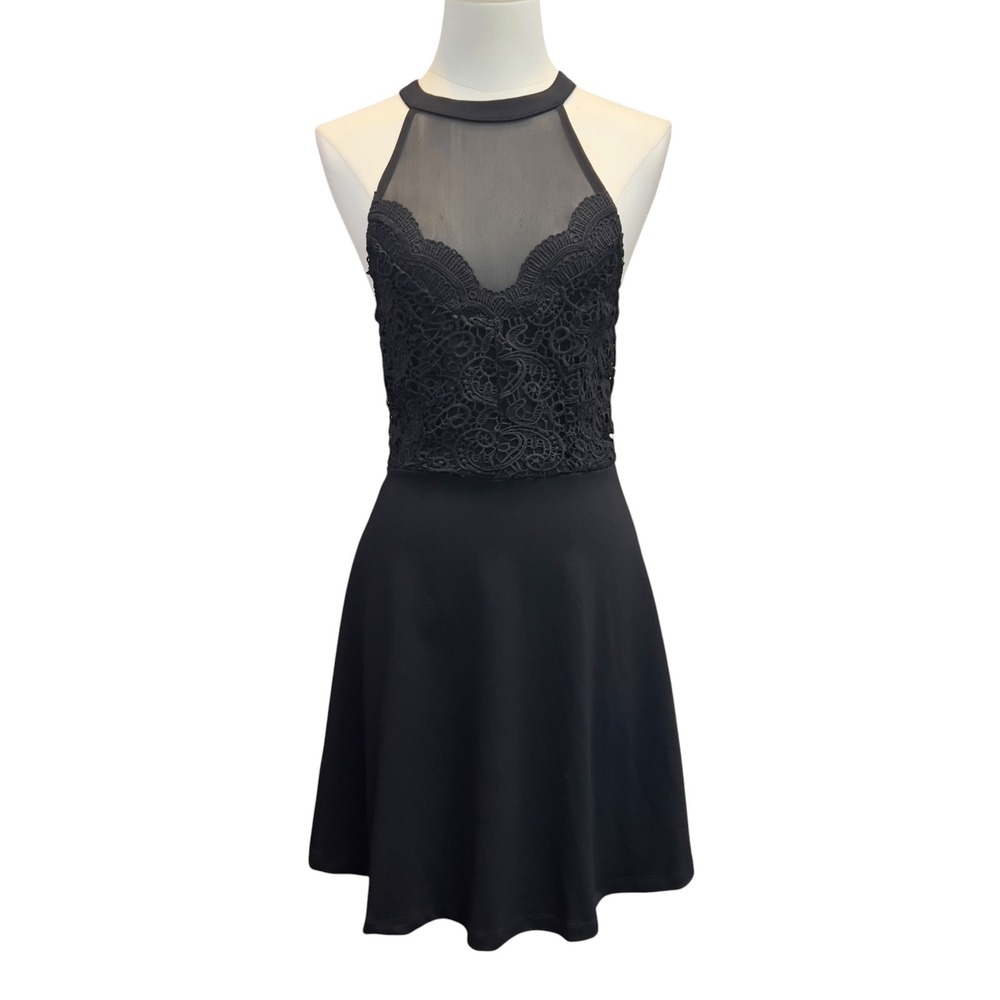 Blue Rain Black Lace Mesh Halter Fit Flare Skater Cocktail Dress Womens Medium